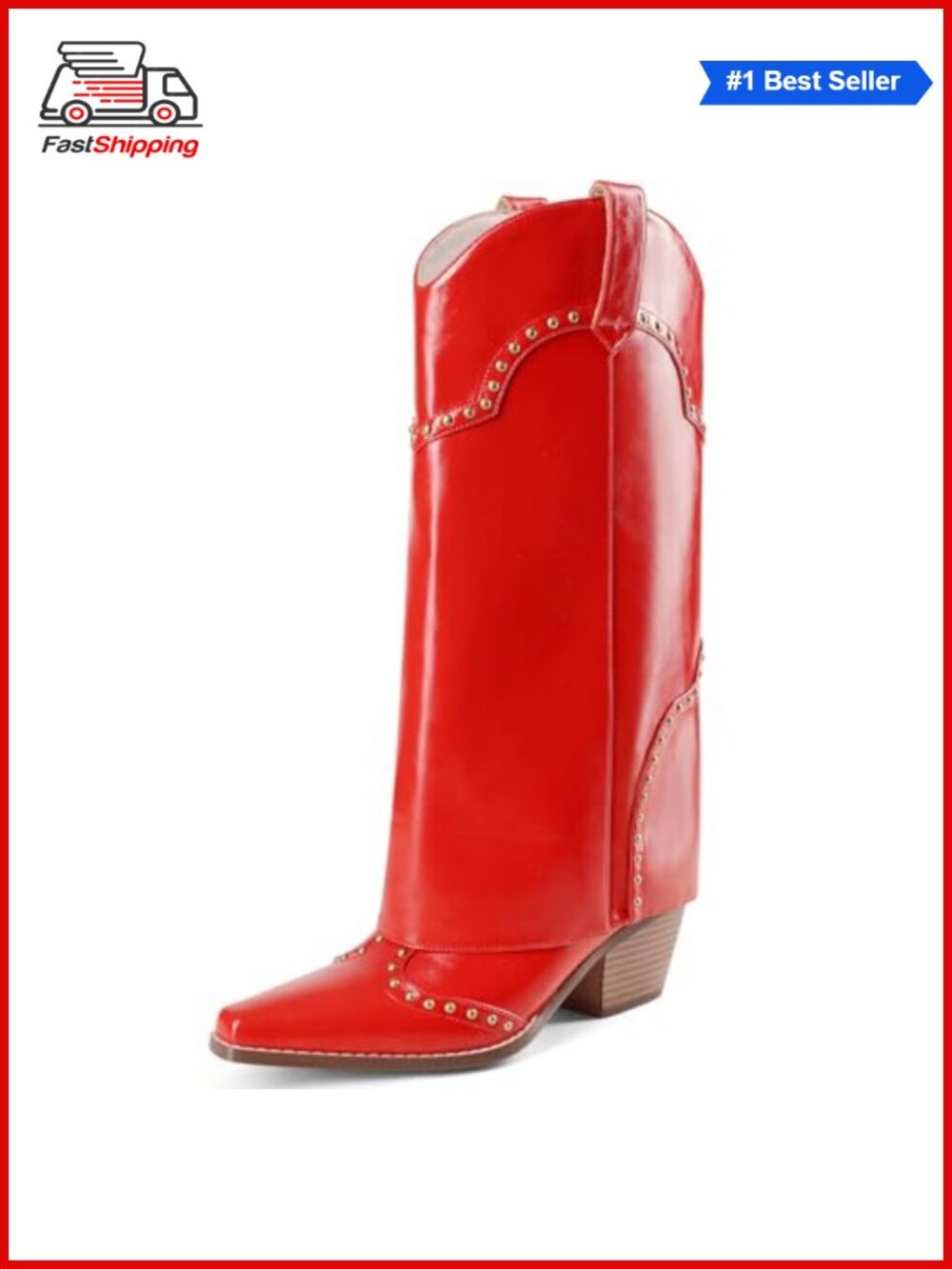 Faux Leather Knee High Cowboy Boots Fold Over Block Heel Women